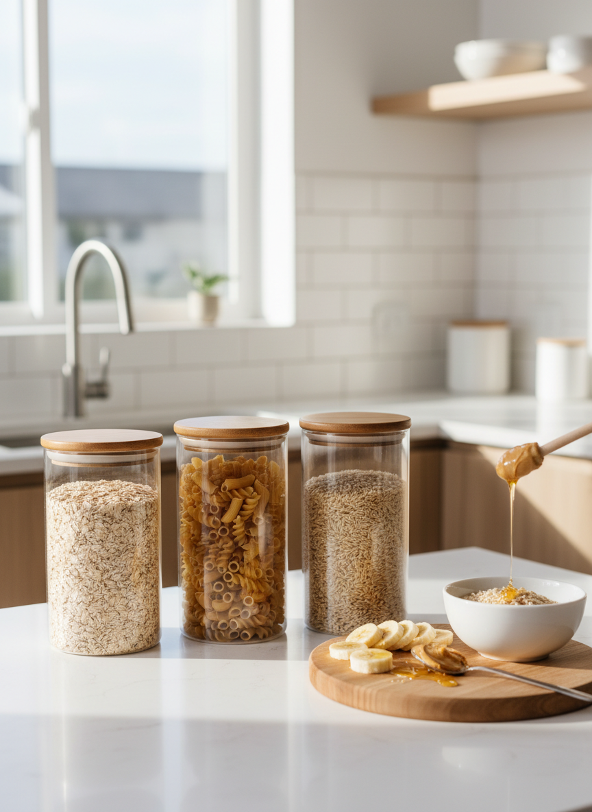 A clean, light kitchen countertop with three clear glass containers neatly filled with everyday staples: rolled oats, wholegrain pasta, and brown rice. Next to them, a small wooden cutting board holds sliced banana, a spoonful of peanut butter, and a drizzle of honey, ready to top a simple breakfast bowl. Natural morning light streams in from a nearby window, creating soft reflections on the glass and subtle highlights on the grains. The mood is organized yet relaxed, emphasizing practical, achievable eating. Photographic realism, shot from a slightly elevated angle with balanced composition and sharp focus throughout, in a modern, uncluttered kitchen setting.
