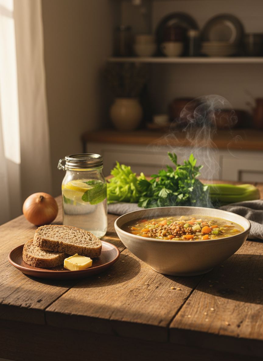A generous, rustic wooden kitchen table covered with a simple, everyday dinner: a steaming bowl of vegetable soup with chunky carrots, leeks, and lentils, a small plate with wholegrain bread and soft butter, and a glass jar of water with lemon slices. In the background, a few fresh ingredients lie casually on a linen cloth: a halved onion, celery stalks, and a bunch of parsley. Soft afternoon daylight falls in from the left, creating gentle shadows and a calm, trustworthy atmosphere. Photographic realism, shot at eye level with a slight angle, using a shallow depth of field so the soup is sharply in focus while the kitchen shelves behind blur into a warm, inviting haze.